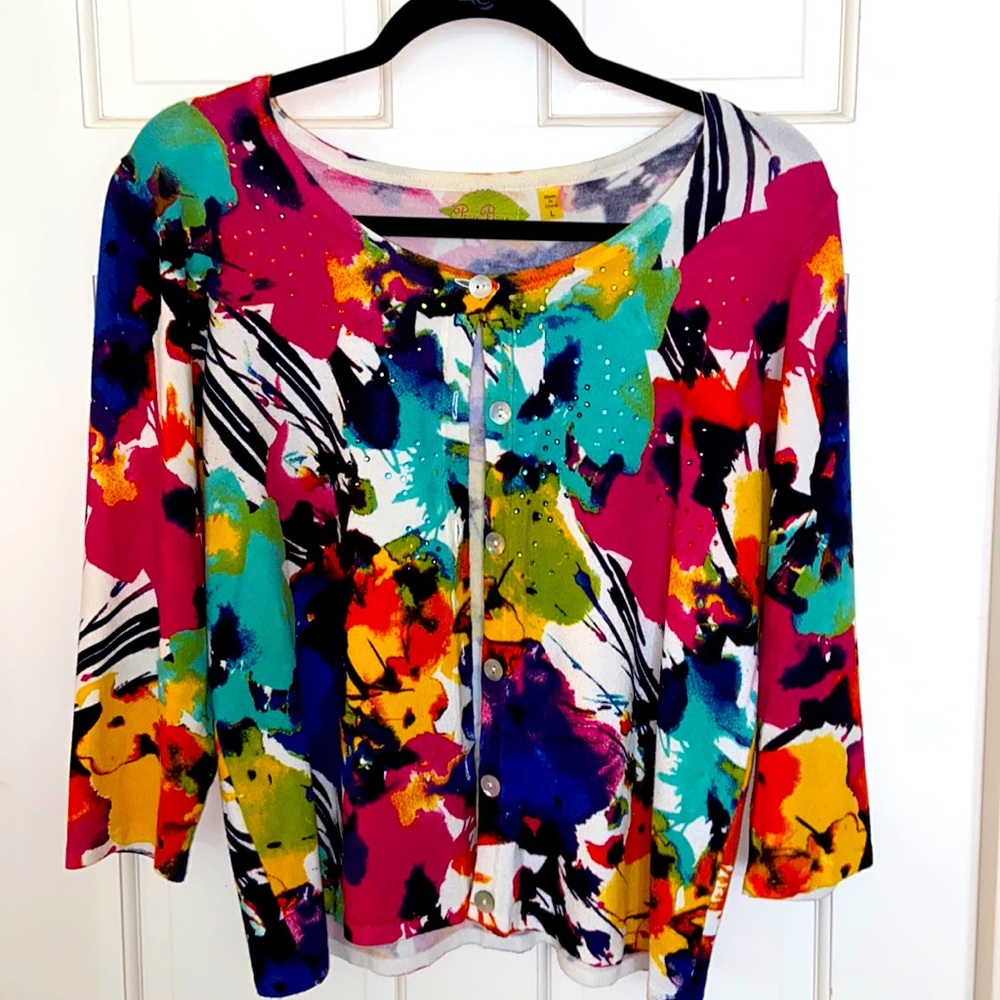 Prima Bella Floral Multicolor Elbow Sleeve Rayon Cotton Cardigan